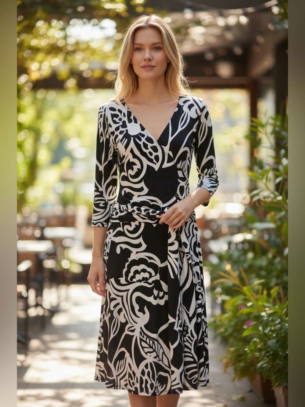AB Studio Black White Wrap Dress Medium 3/4 Sleeve Knee Length Stretch